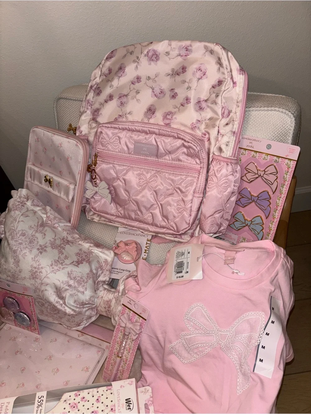 LoveShackFancy Pink Floral Quilted Backpack